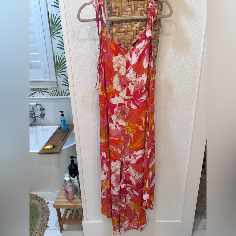 Vince Camuto Pink, Coral & White Floral wide leg jumpsuit. Great for Easter.